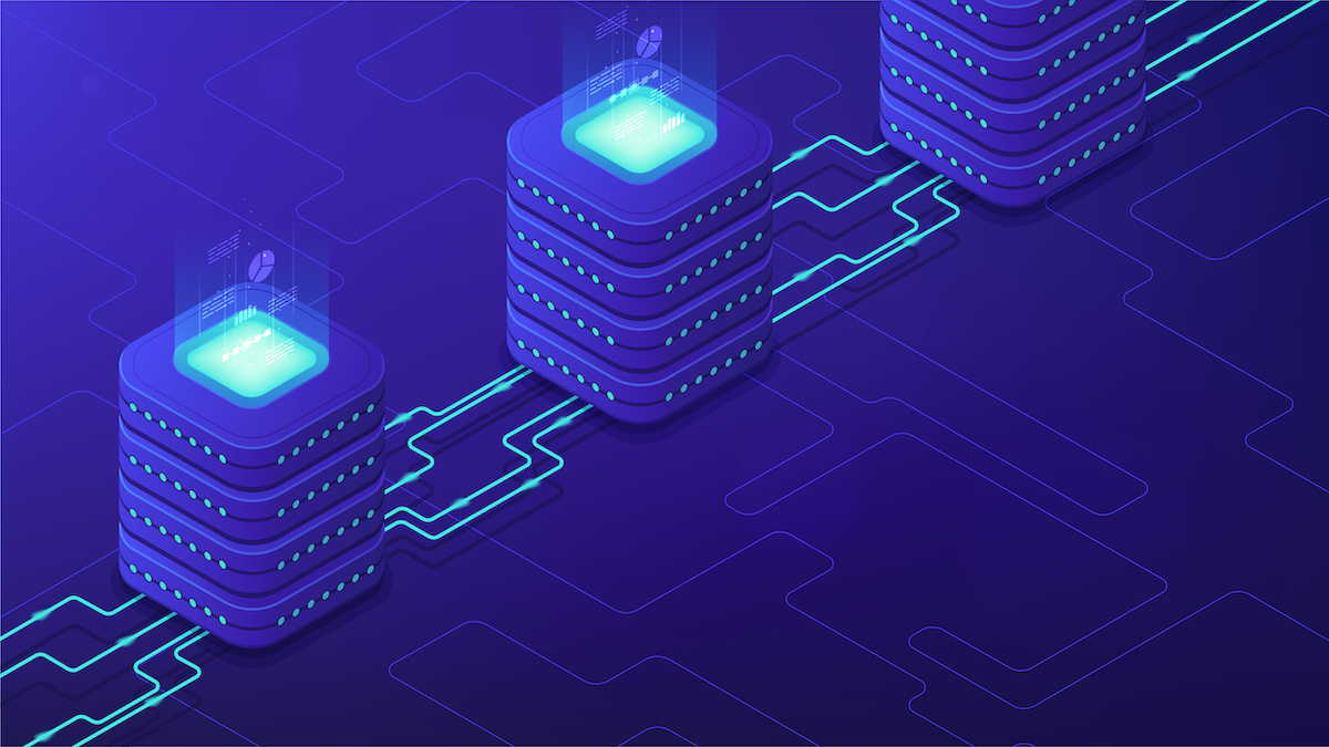 Isometric server-side processing concept. DNS, data tables, paging, searching, ordering, SQL engine, remote server, communications protocol on blue background. Vector 3d isometric illustration.