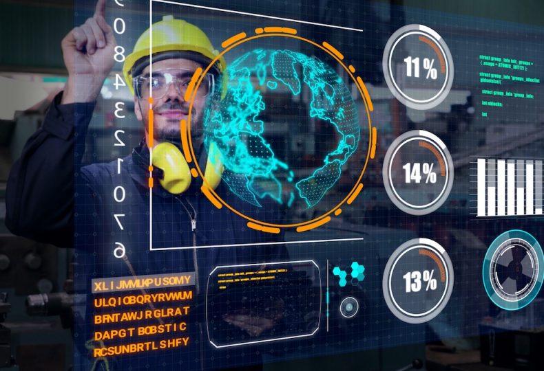 Factory worker use future holographic screen device to control manufacturing