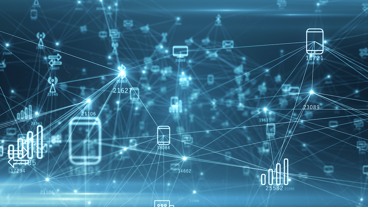 Abstract network of physical devices on the Internet using a network connection with statistics numbers 3d illustration