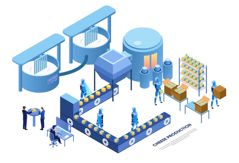 Factory Operator and Smart Robots Producing Cheese