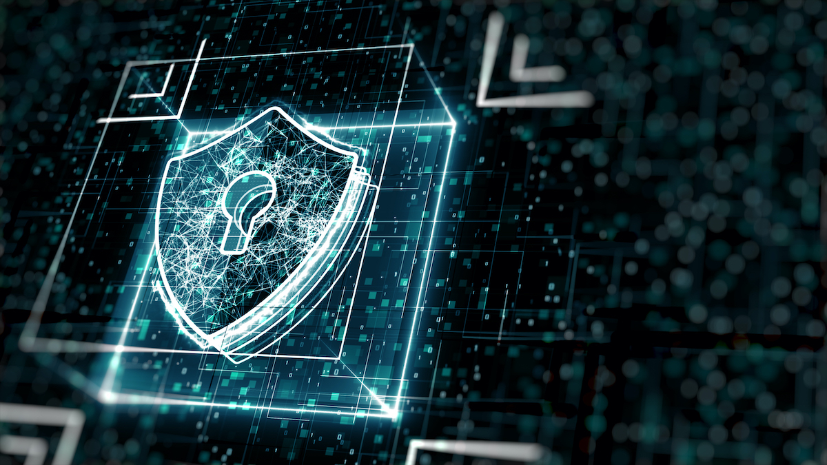 Abstract cyber security concept. Shield With Keyhole icon on digital data background.