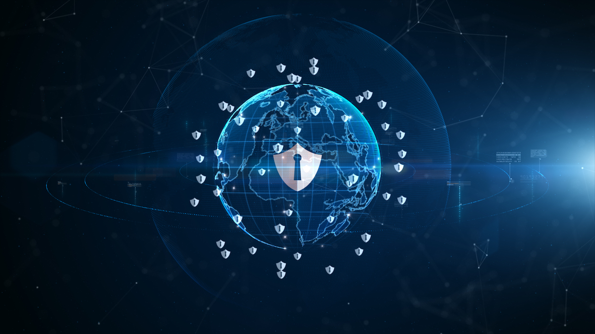 Shield icon cyber security, Digital data network protection, Technology digital network data connection, Digital cyberspace future background concept.