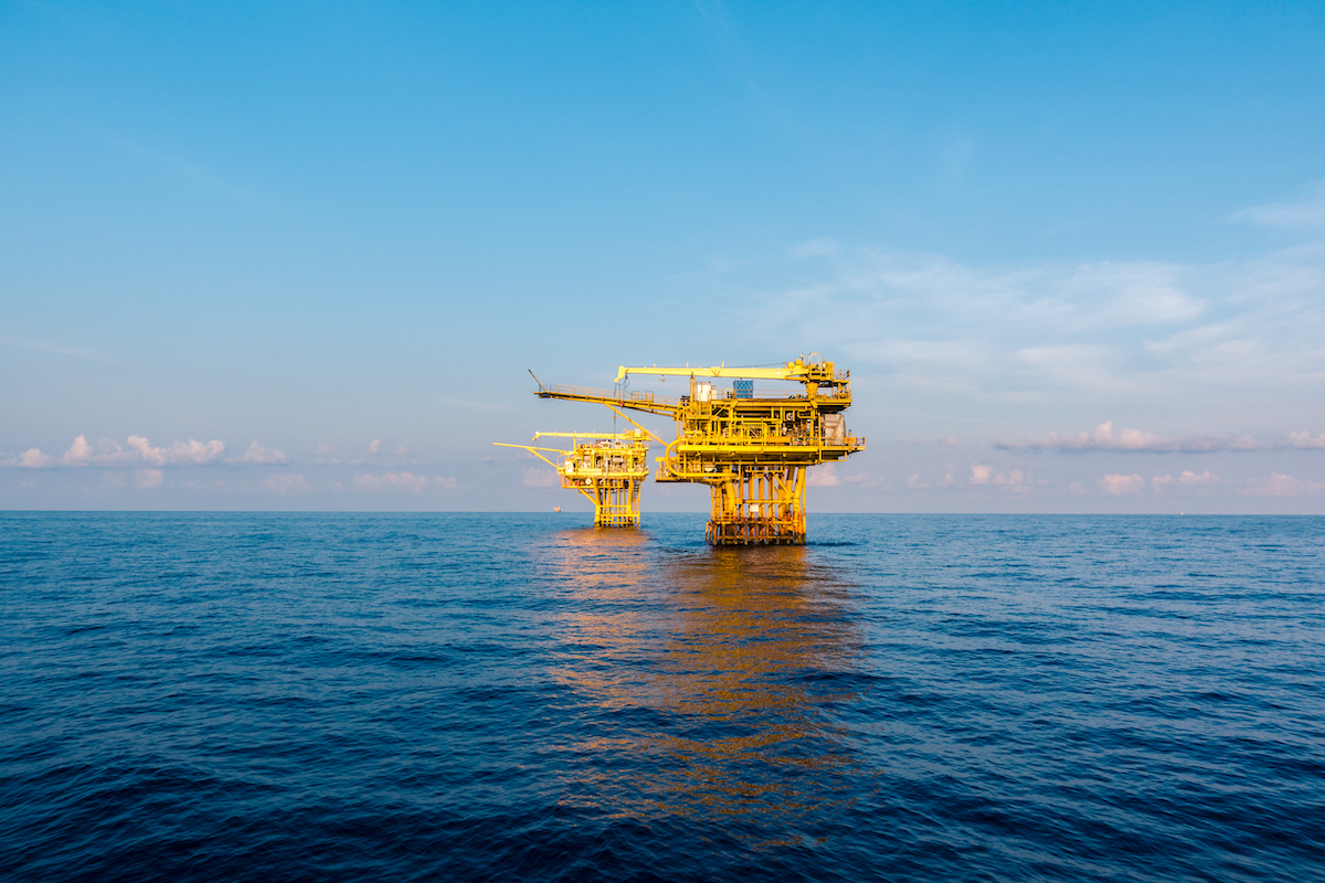 Oil and gas platform in the gulf or the sea, The world energy, Offshore oil and rig construction.