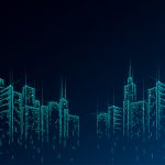 Low poly smart city 3D wire mesh. Intelligent building automation system business concept. High skyscrapers border pattern background. Architecture urban cityscape technology vector illustration